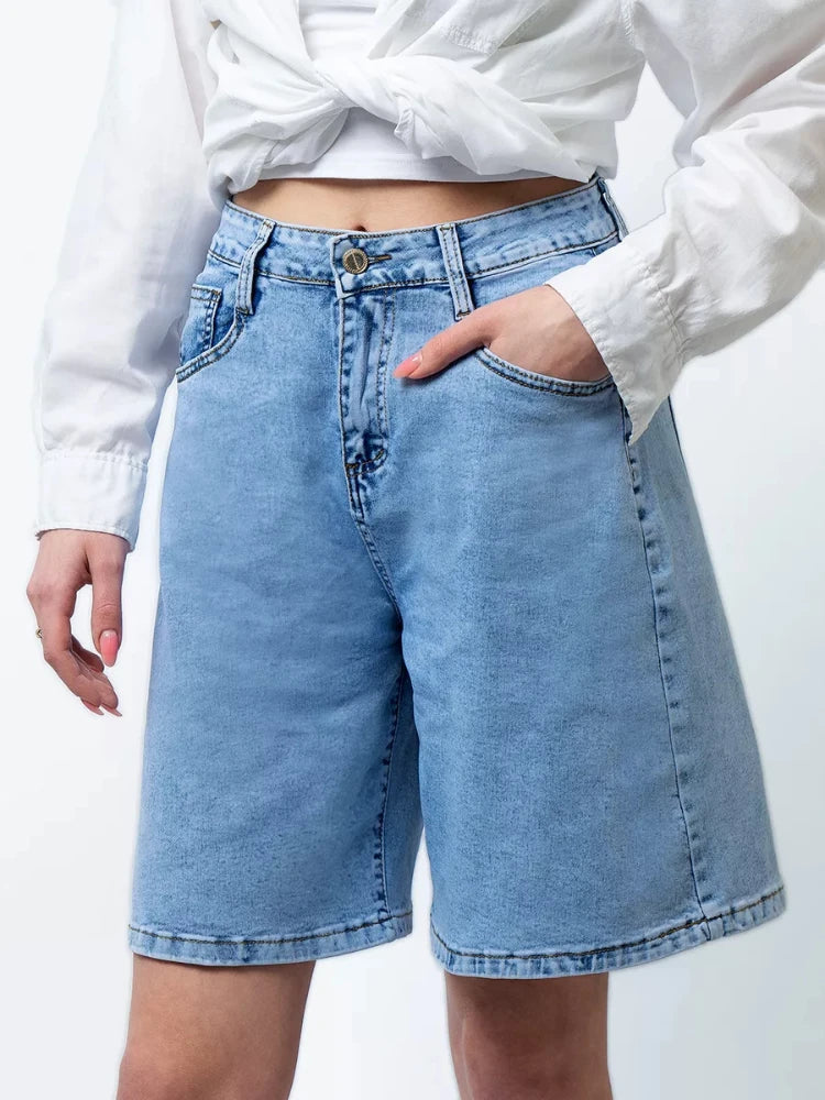 Morgan & Brooke | Blue High-Waist Frayed Hem Cotton Denim Shorts