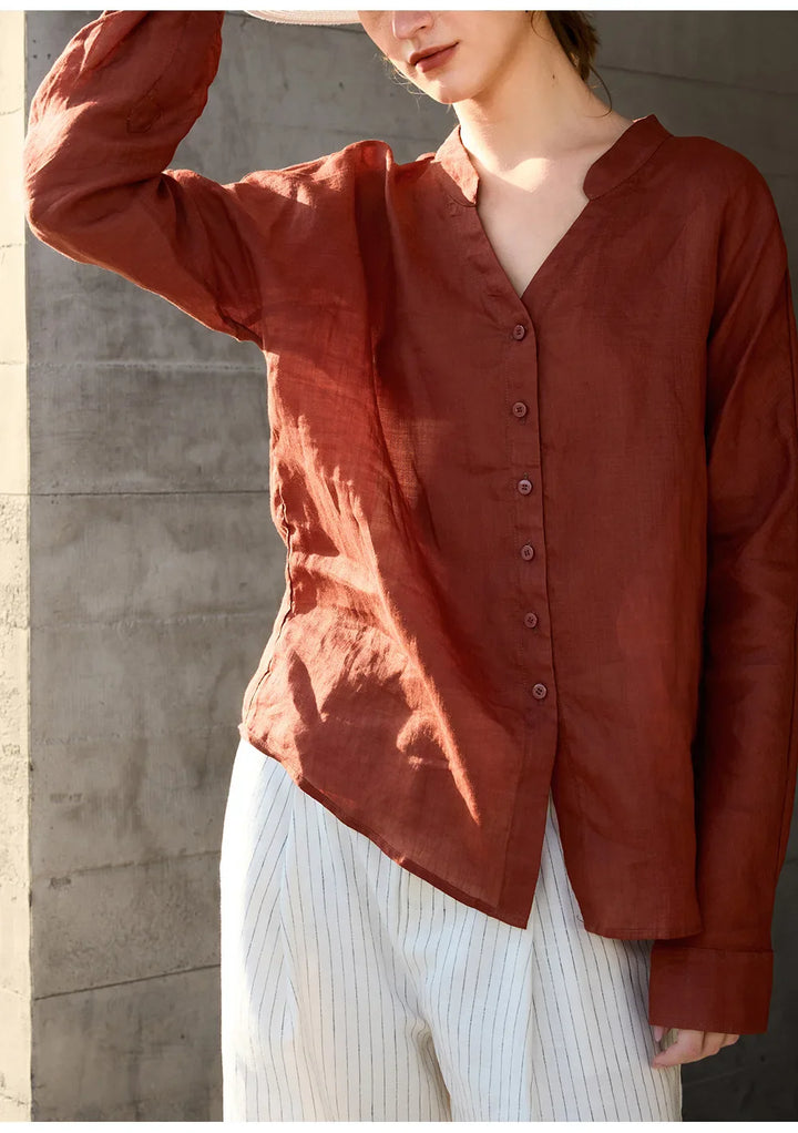 Morgan & Brooke | Natural Collarless V-Neck Linen Shirt