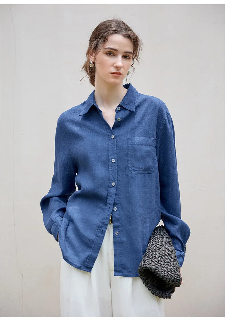 Morgan & Brooke | Indigo Relaxed Fit Button-Up Linen Shirt