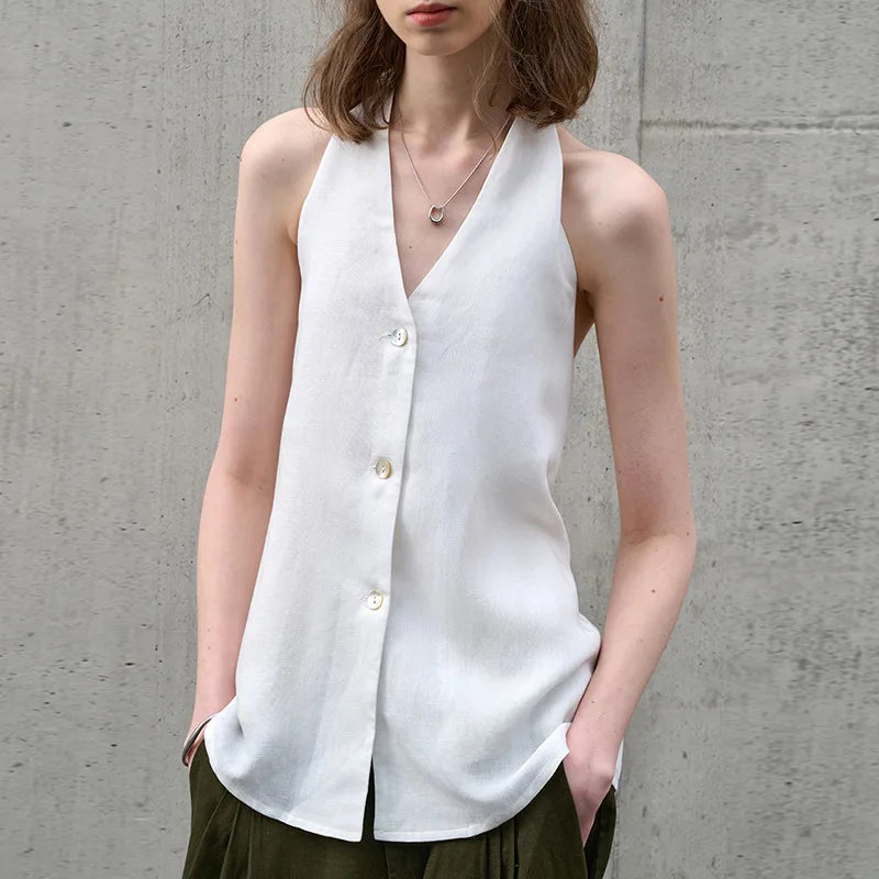 Morgan & Brooke | Natural Halter-Neck Waistcoat Cut Linen Top