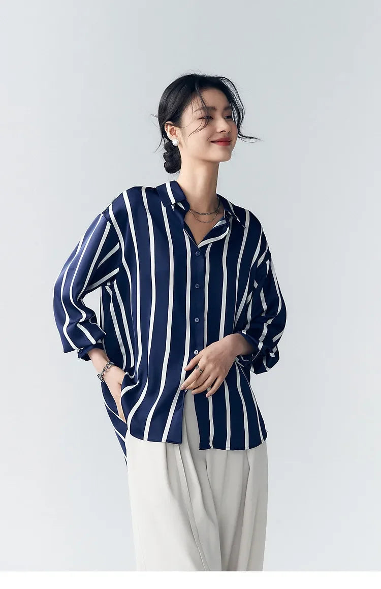 Morgan & Brooke | Blue Striped Long-Sleeve Satin Blouse