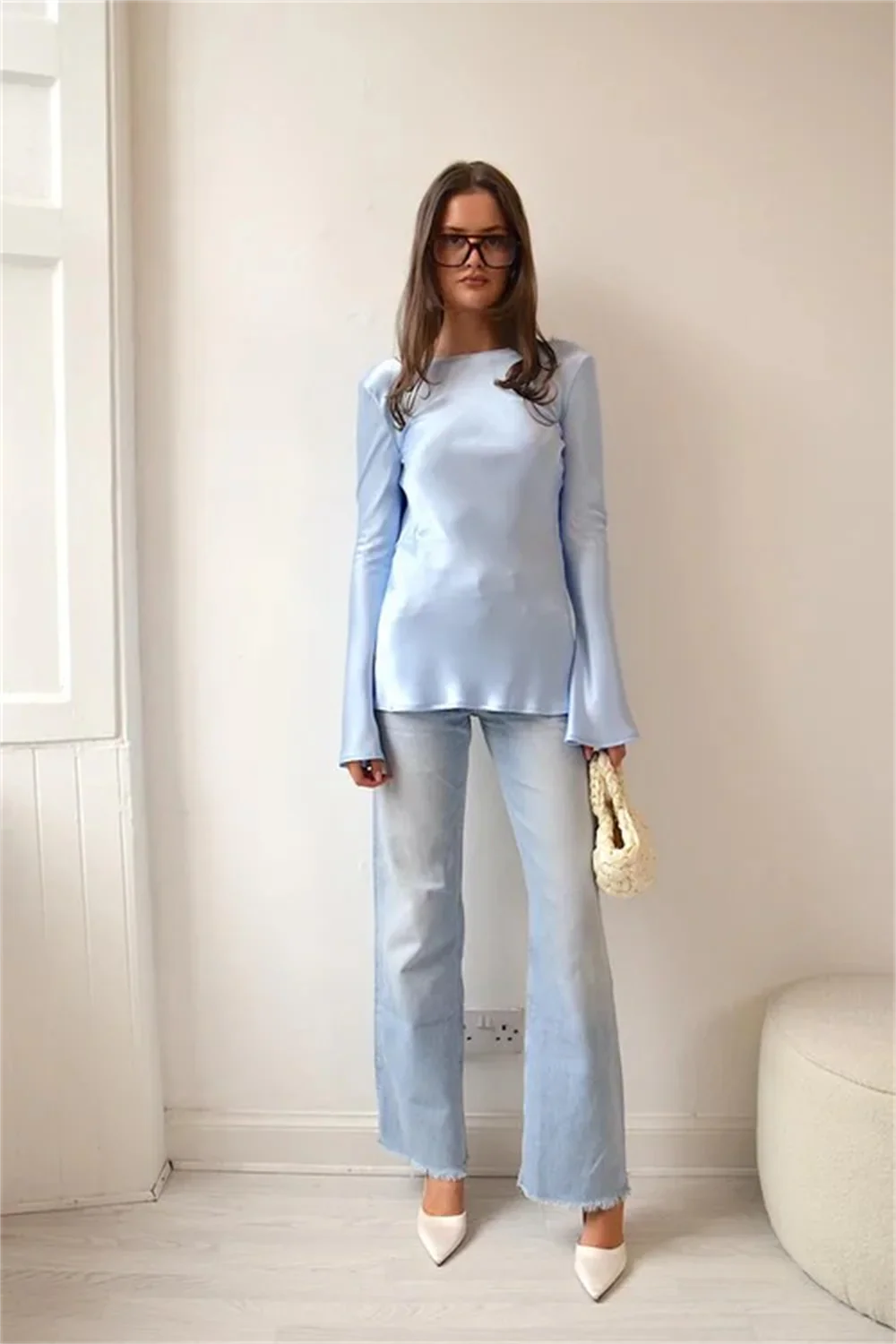 Morgan & Brooke | Long Sleeve Bell Cuff Satin Top