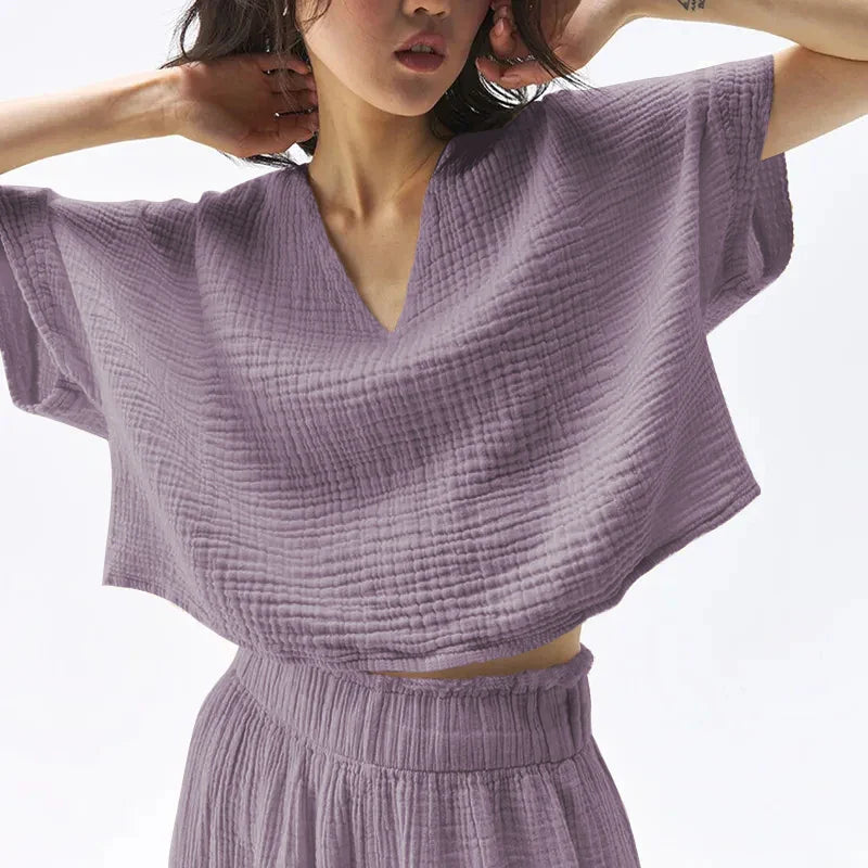 Morgan & Brooke | Ivory Cropped V-Neck Gauze Tee