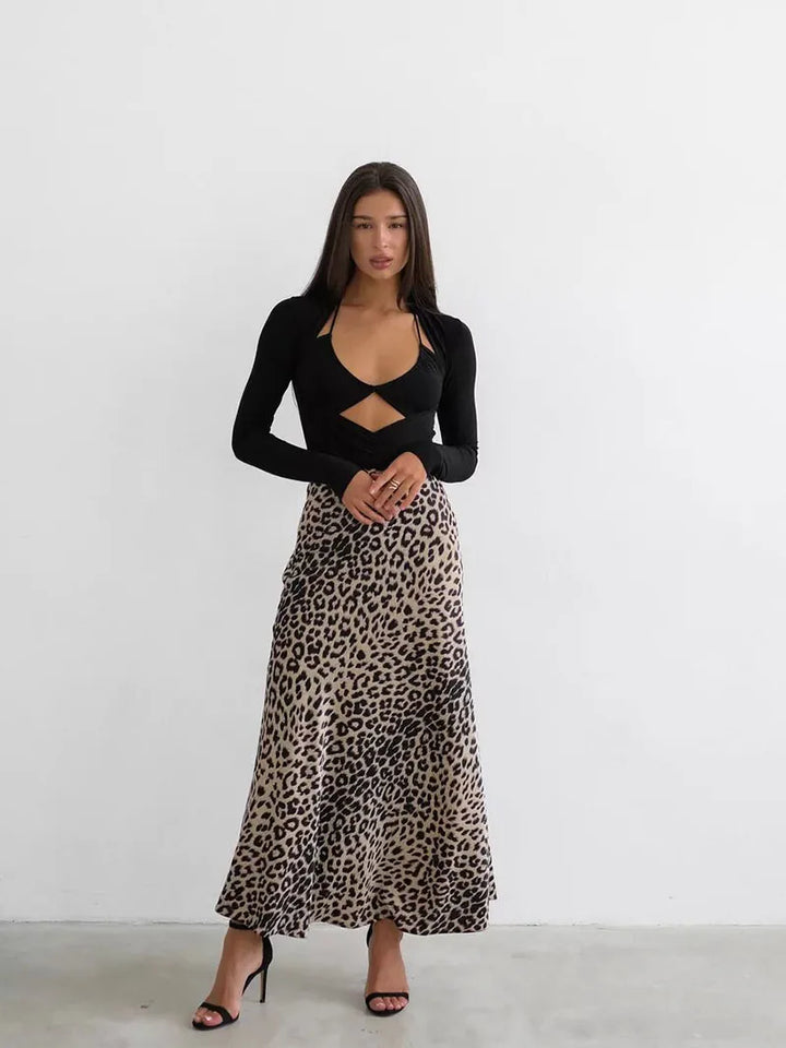 Morgan & Brooke | Leopard Print Midi Satin Skirt
