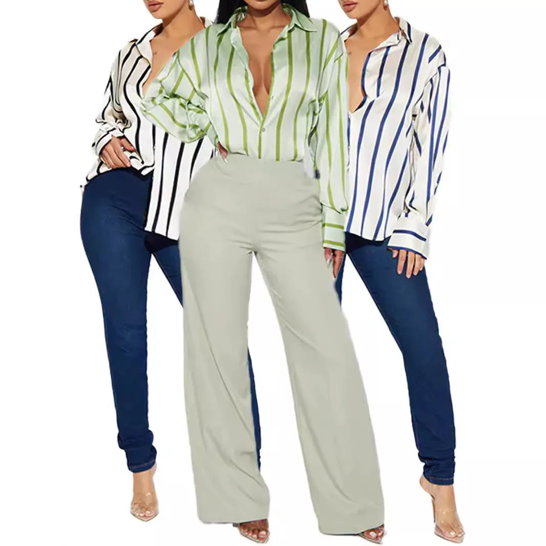 Morgan & Brooke | Striped Satin Button-Up Shirt