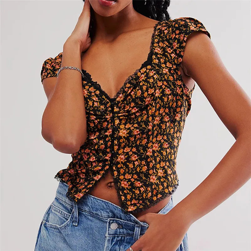 Morgan & Brooke | Floral Ruched Viscose Crop Top