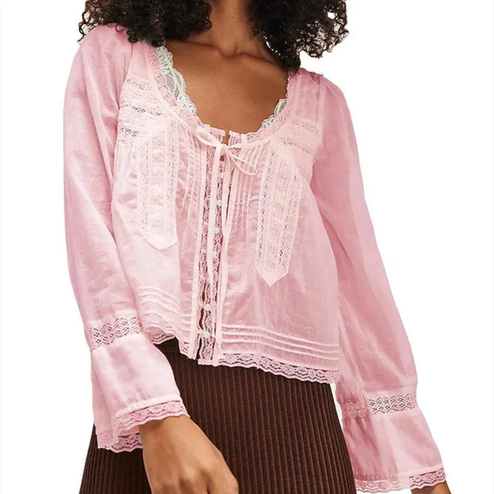 Morgan & Brooke | Ivory Lace-Trim Tie-Front Cotton Blouse