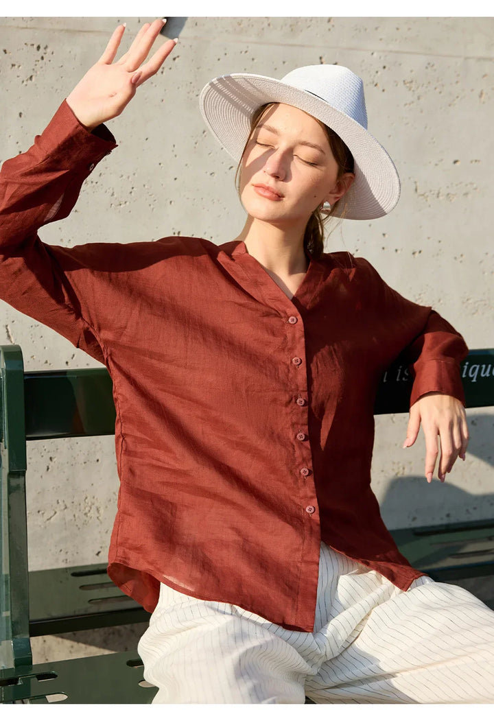 Morgan & Brooke | Natural Collarless V-Neck Linen Shirt