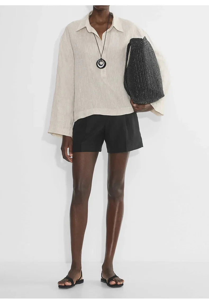 Morgan & Brooke | Natural Polo Collar Relaxed Fit Linen Pullover