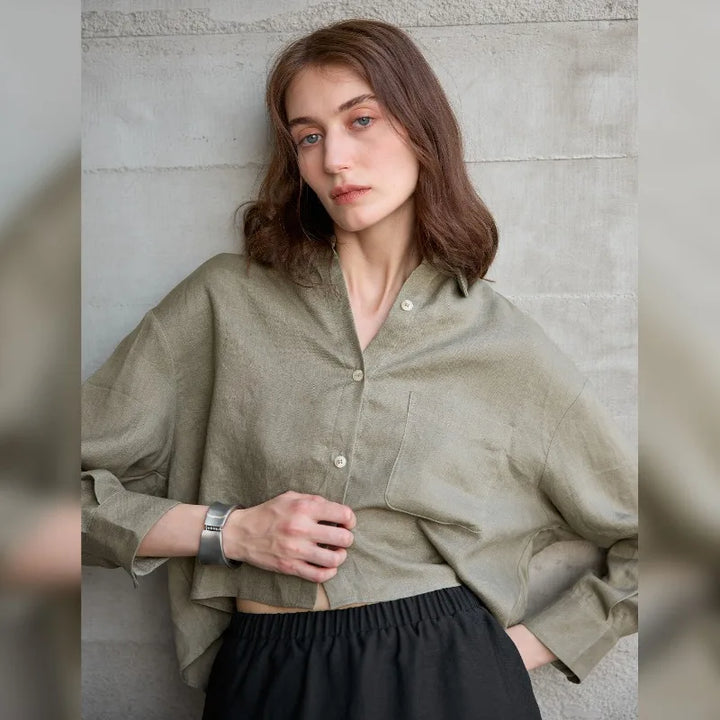 Morgan & Brooke | Natural Cropped Button-Up Linen Overshirt