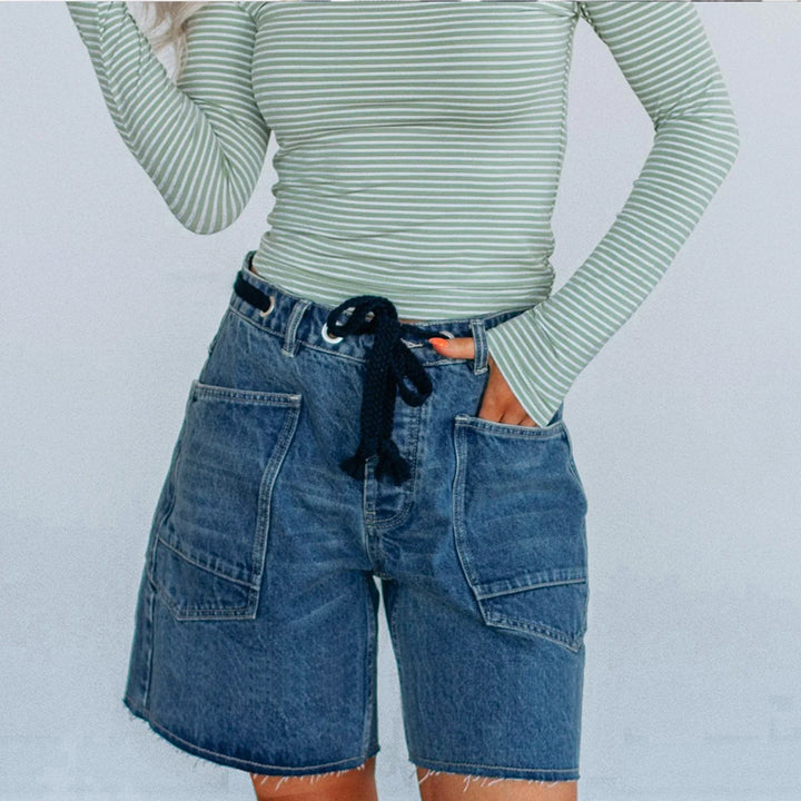 Morgan & Brooke | Light Blue High-Waist Frayed Hem Cotton Denim Shorts