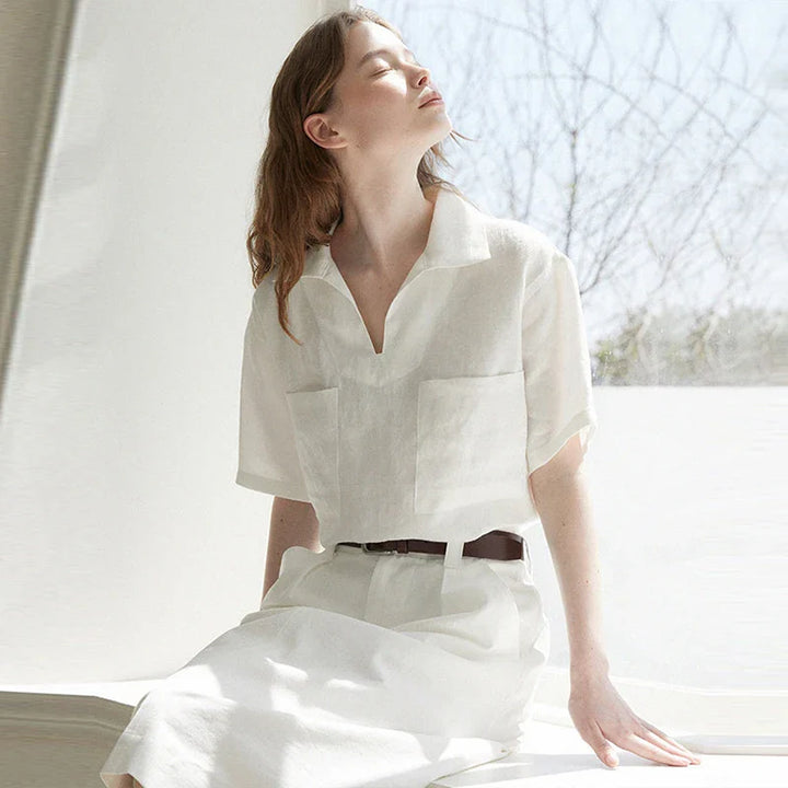 Morgan & Brooke | Relaxed Fit Polo Collar Linen Top