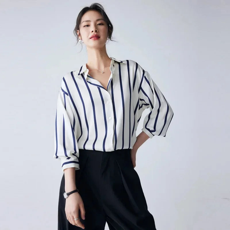 Morgan & Brooke | Blue Striped Long-Sleeve Satin Blouse
