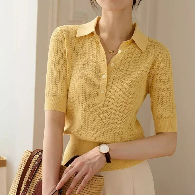 Morgan & Brooke | Ribbed Polo Collar Knit Blouse