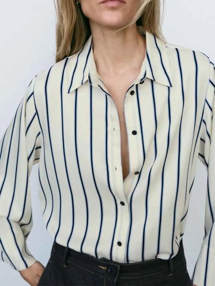 Morgan & Brooke | Blue Striped Button-Up Cotton Blouse