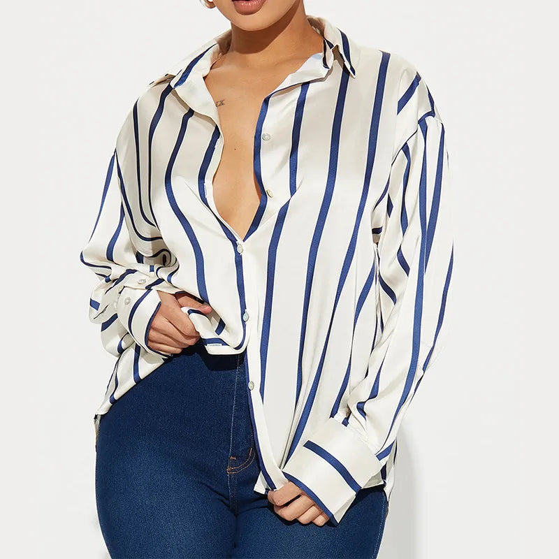 Morgan & Brooke | Striped Satin Button-Up Shirt