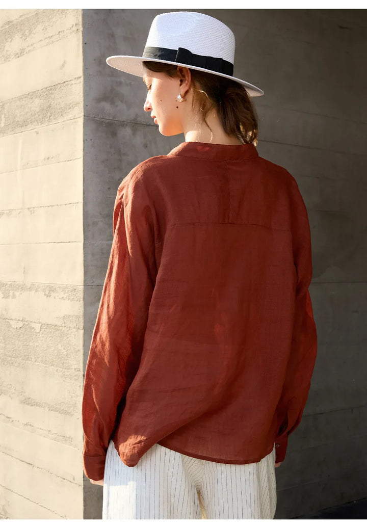 Morgan & Brooke | Natural Collarless V-Neck Linen Shirt