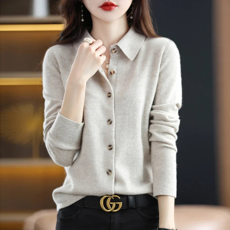 Morgan & Brooke | Navy Polo Collar Button-Up Cotton-Blend Knit Cardigan