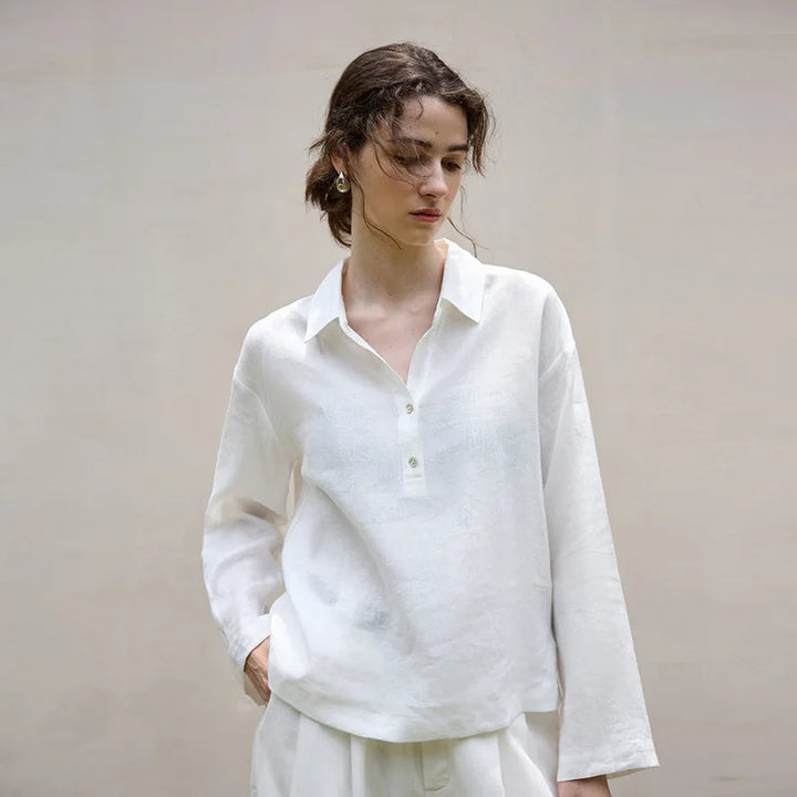 Morgan & Brooke | Natural Polo Collar Relaxed Fit Linen Pullover