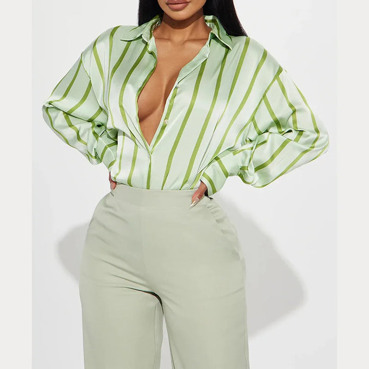 Morgan & Brooke | Striped Satin Button-Up Shirt