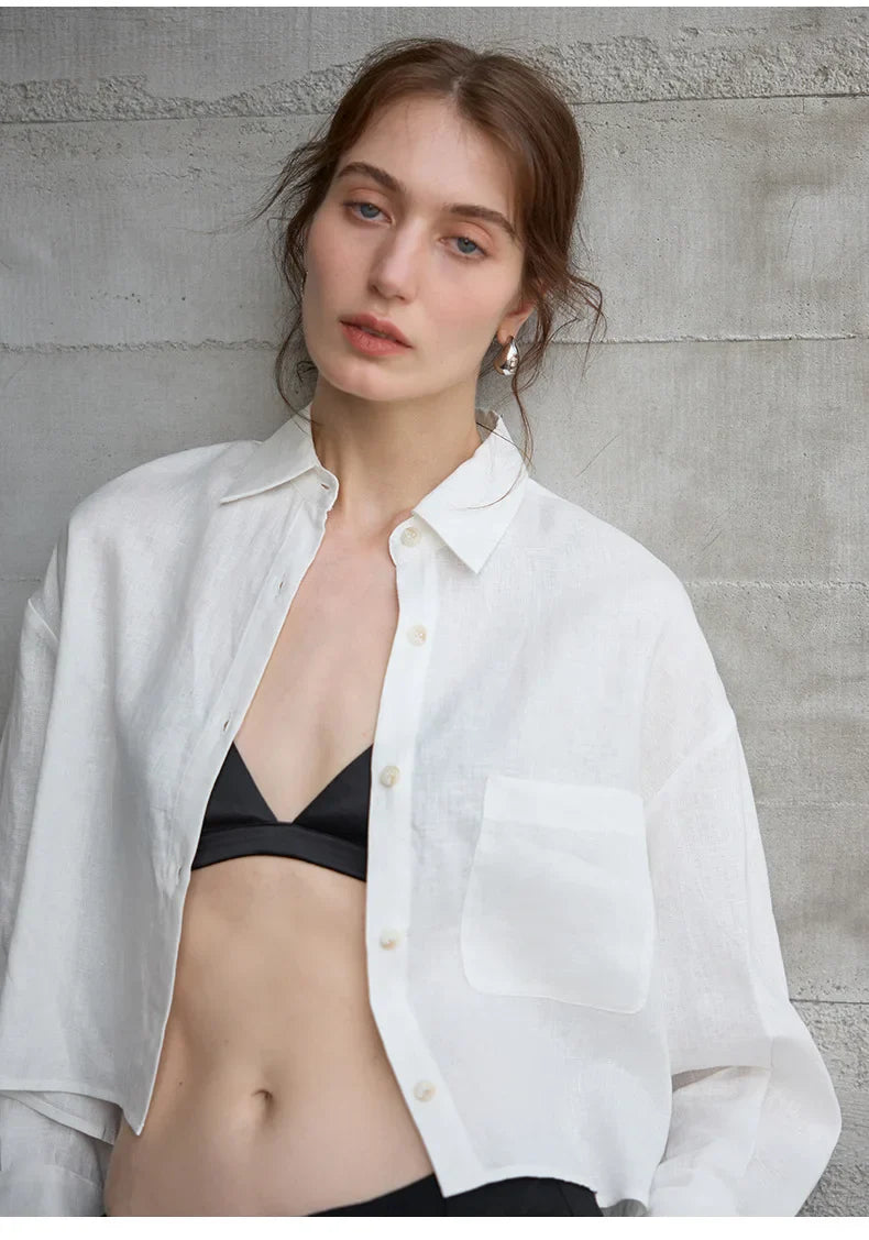 Morgan & Brooke | Natural Cropped Button-Up Linen Overshirt