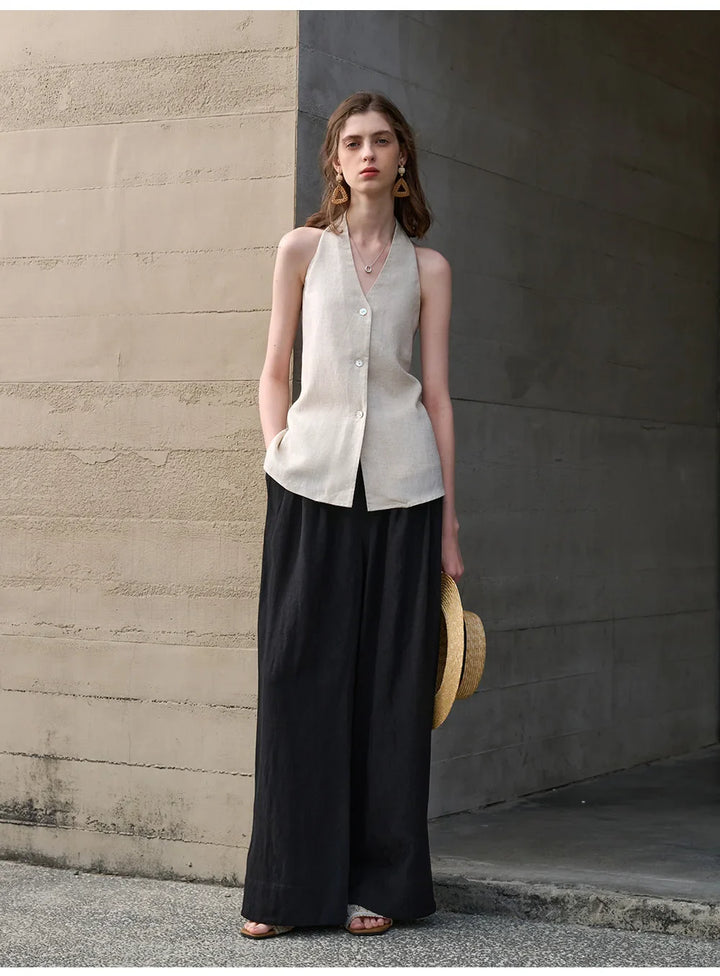 Morgan & Brooke | Natural Halter-Neck Waistcoat Cut Linen Top