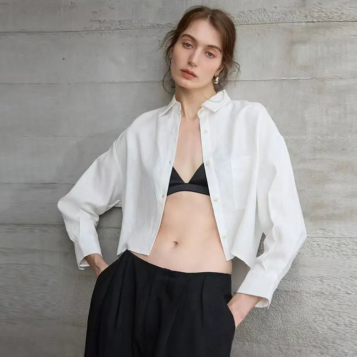 Morgan & Brooke | Cropped Long-Sleeve Linen Shirt