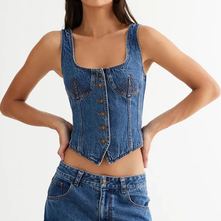 Morgan & Brooke | Indigo Cropped Button-Up Denim Vest