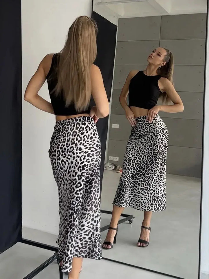Morgan & Brooke | Leopard Print Midi Satin Skirt