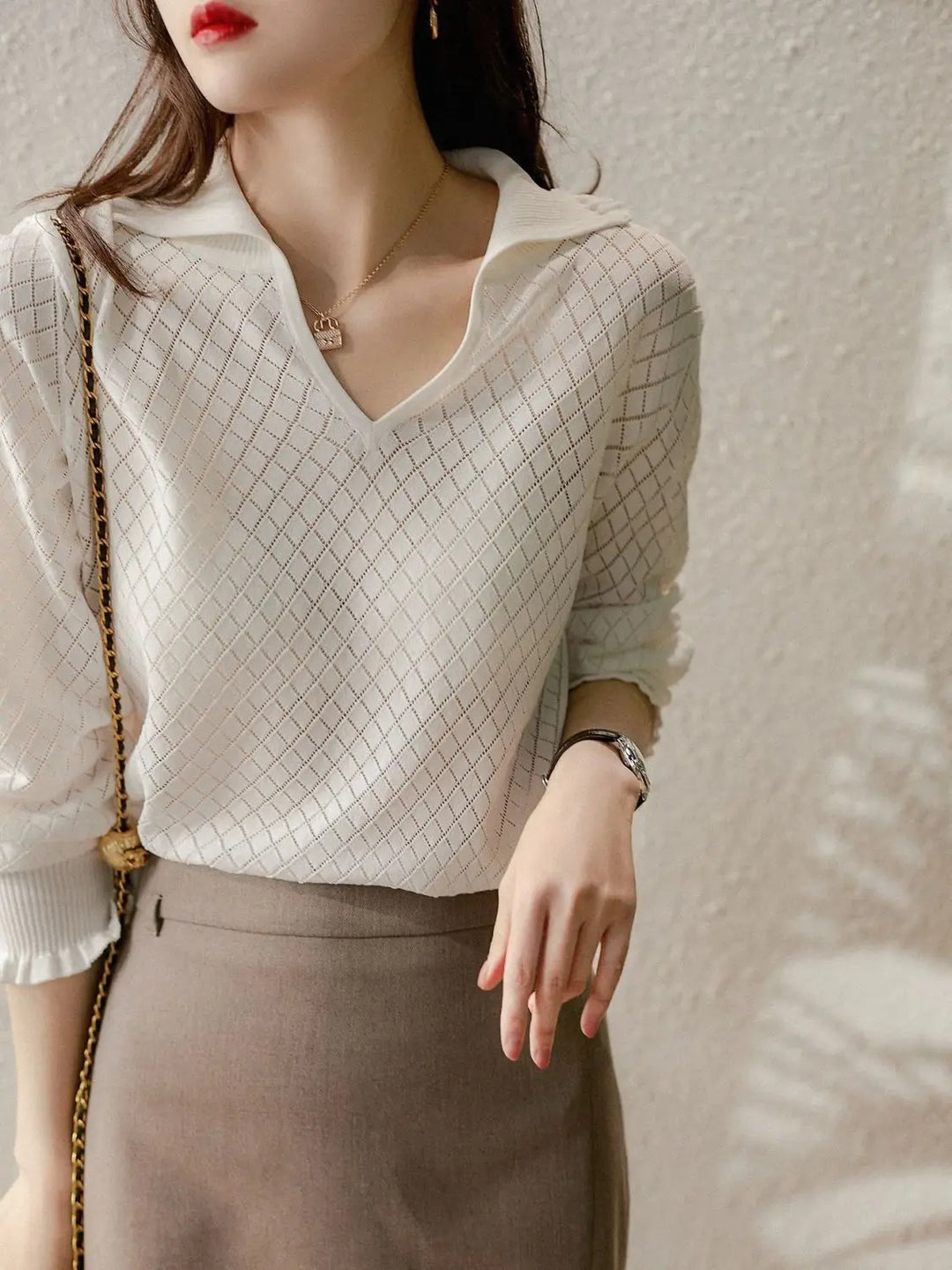 Morgan & Brooke | Ivory Diamond Pointelle Knit Top