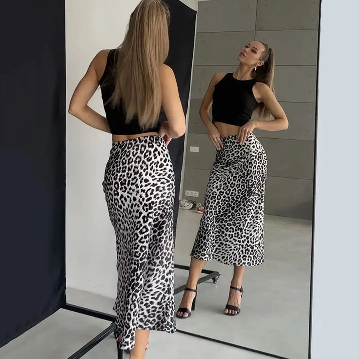 Morgan & Brooke | Leopard Print Midi Satin Skirt