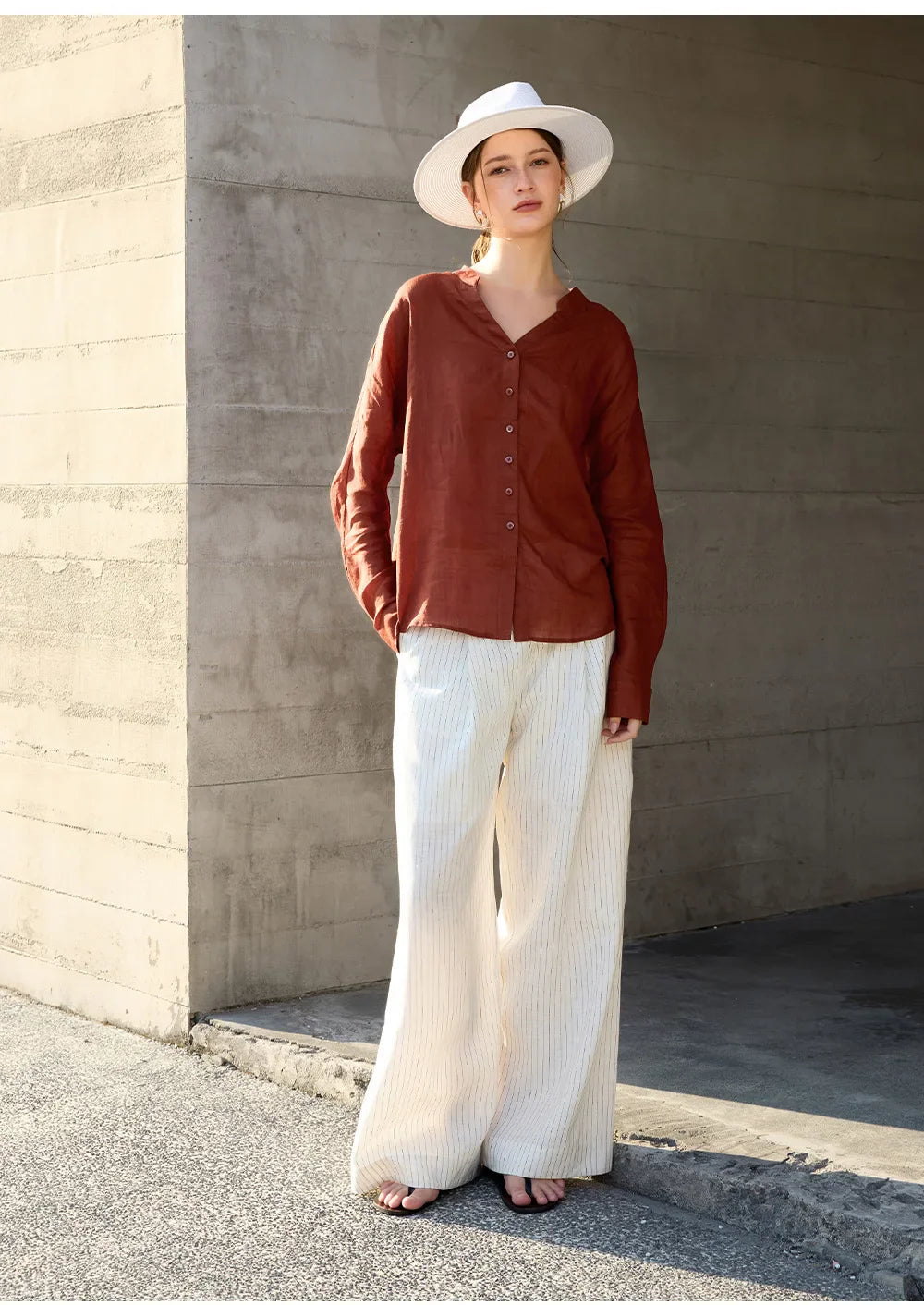Morgan & Brooke | Natural Collarless V-Neck Linen Shirt