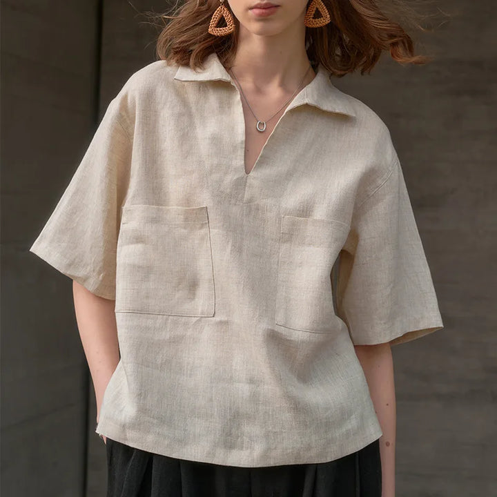 Morgan & Brooke | Relaxed Fit Polo Collar Linen Top