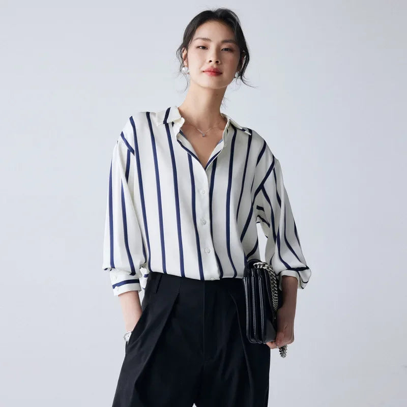 Morgan & Brooke | Blue Striped Long-Sleeve Satin Blouse