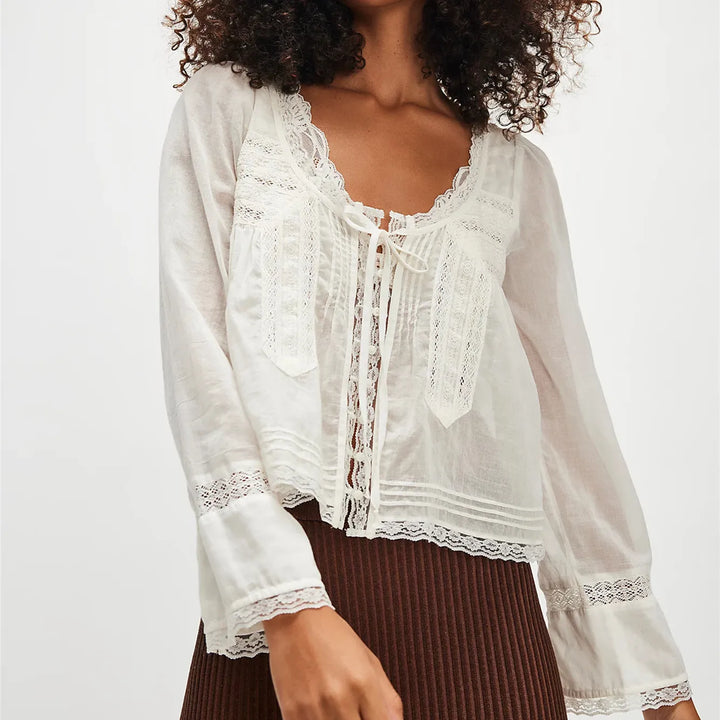 Morgan & Brooke | Ivory Lace-Trim Tie-Front Cotton Blouse
