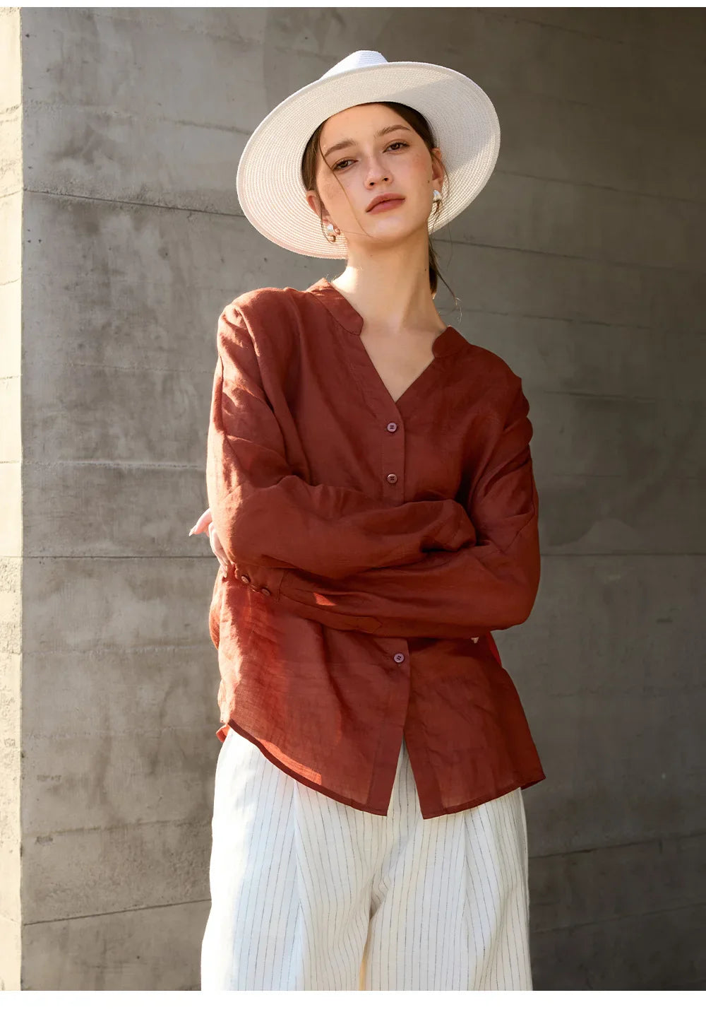 Morgan & Brooke | Natural Collarless V-Neck Linen Shirt
