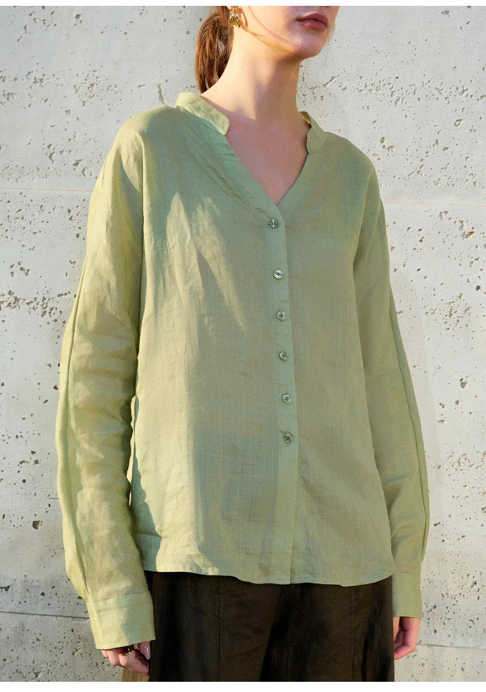 Morgan & Brooke | Natural Collarless V-Neck Linen Shirt