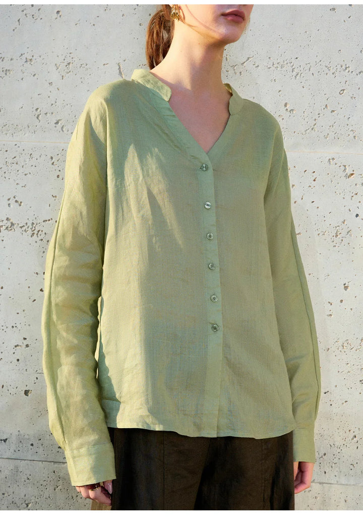 Morgan & Brooke | Natural Collarless V-Neck Linen Shirt