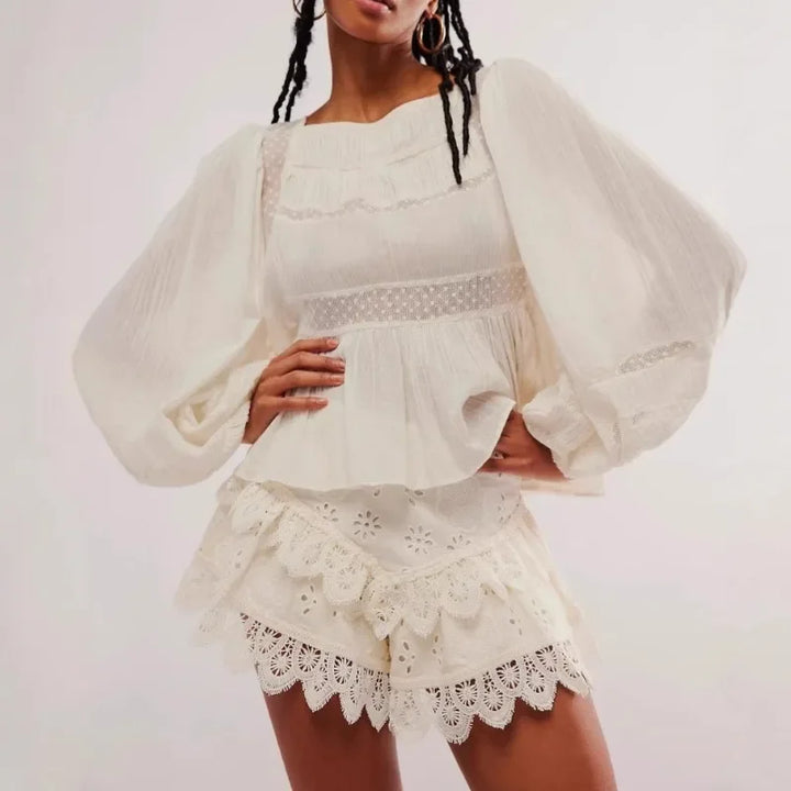 Morgan & Brooke | Ivory High-Waist Scalloped-Hem Lace Shorts