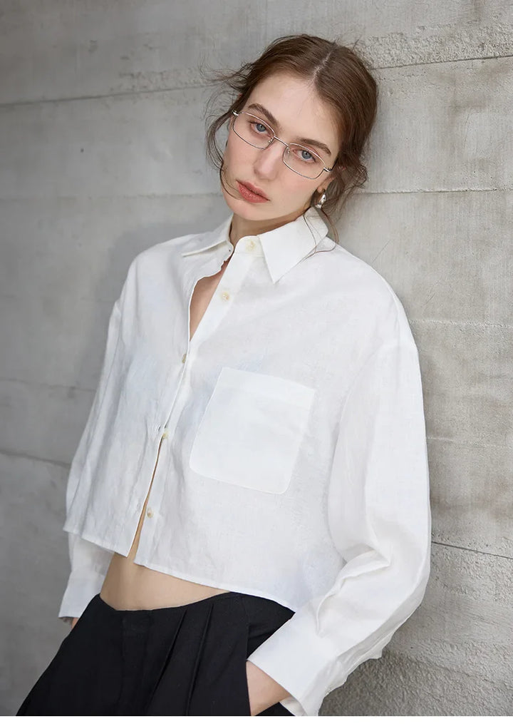 Morgan & Brooke | Natural Cropped Button-Up Linen Overshirt