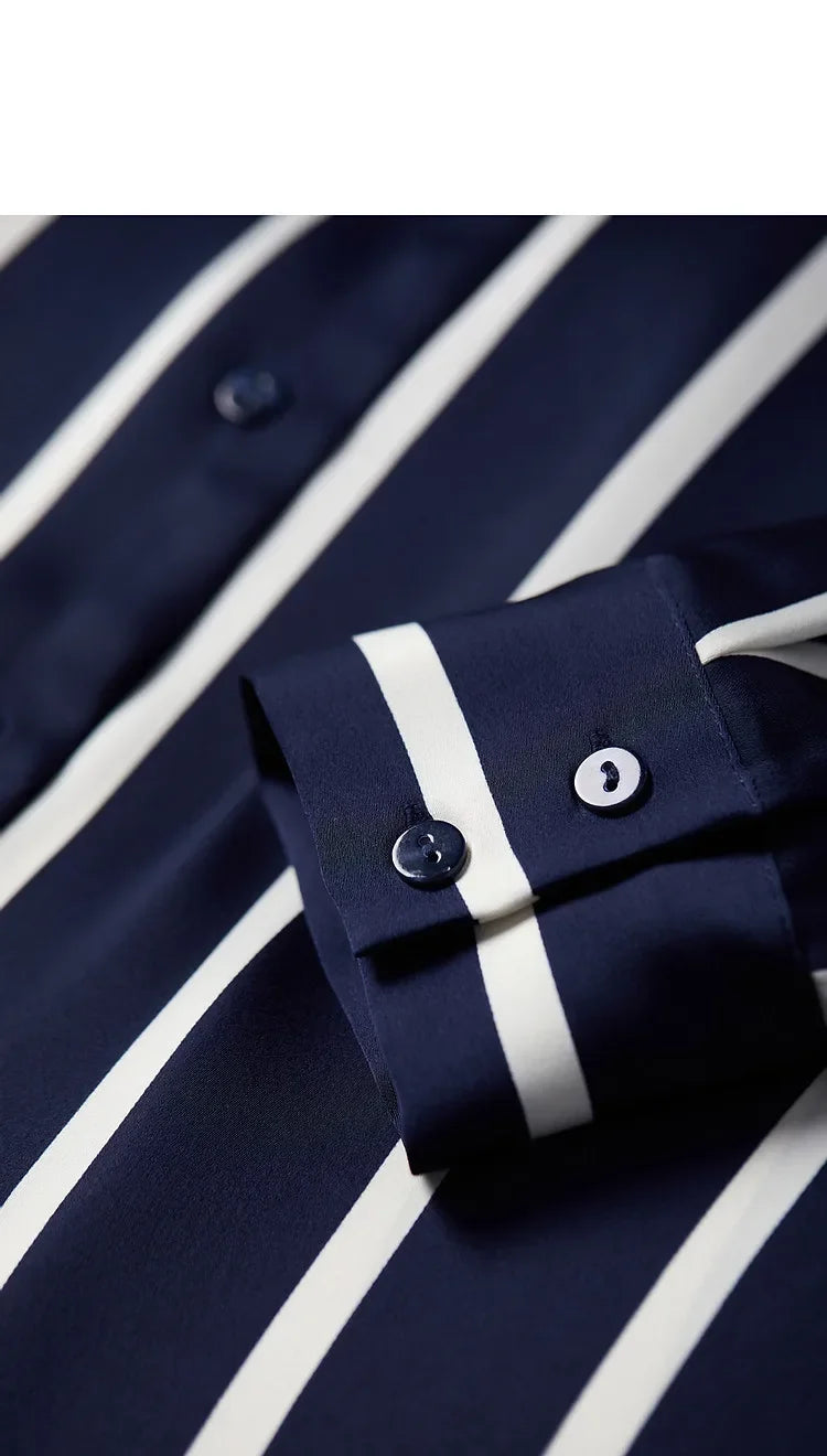 Morgan & Brooke | Blue Striped Long-Sleeve Satin Blouse