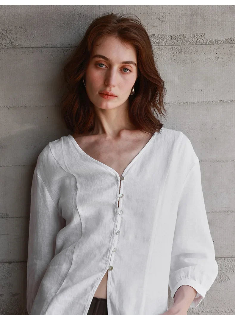 Morgan & Brooke | Fitted V-Neck Linen Blouse