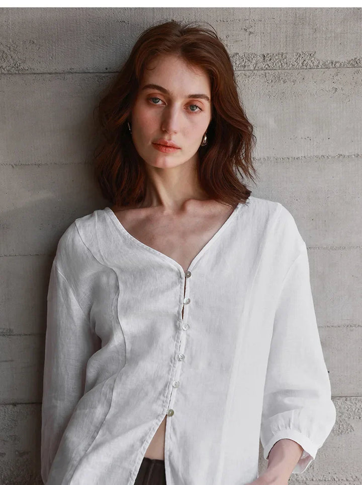 Morgan & Brooke | Fitted V-Neck Linen Blouse