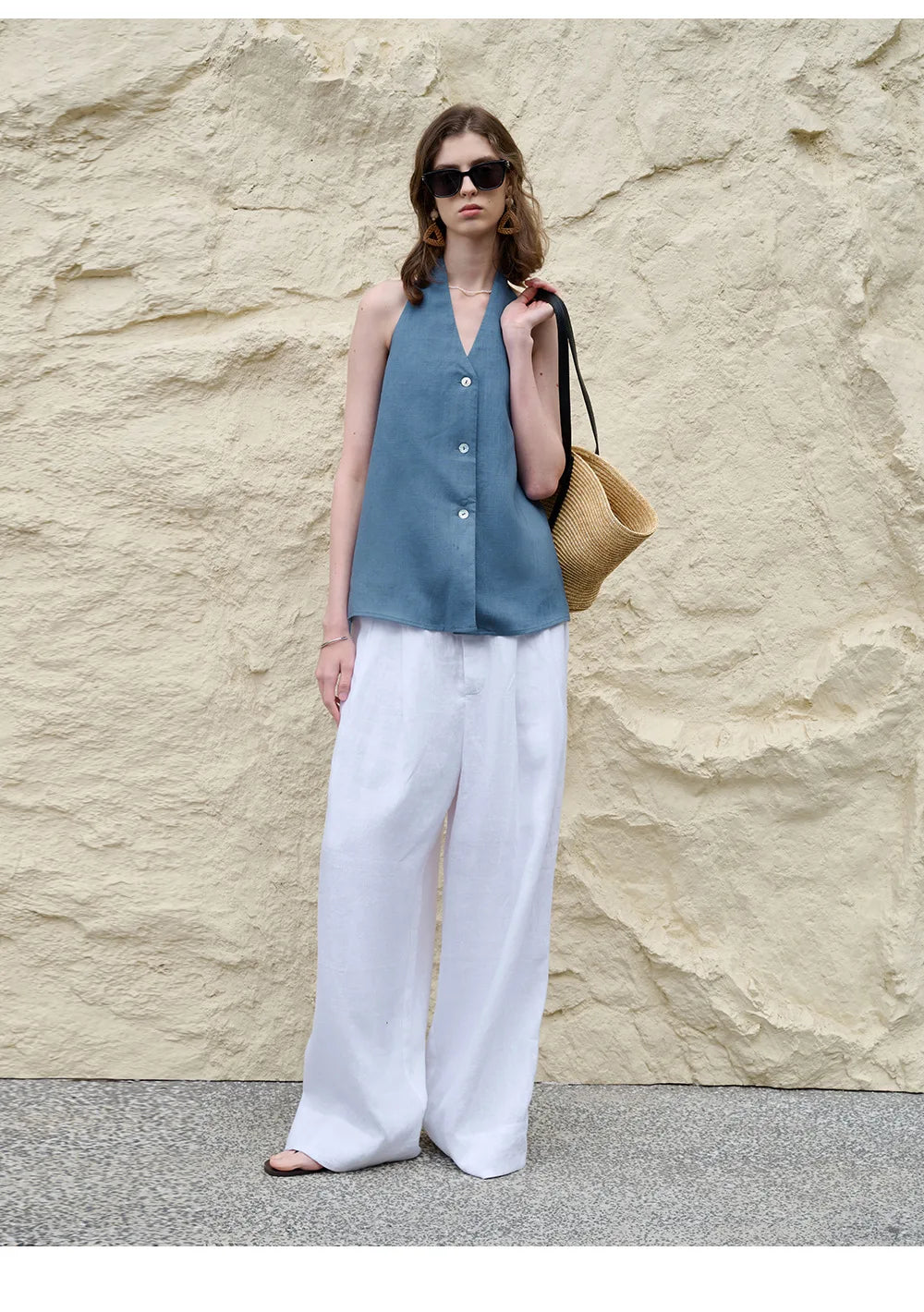 Morgan & Brooke | Natural Halter-Neck Waistcoat Cut Linen Top