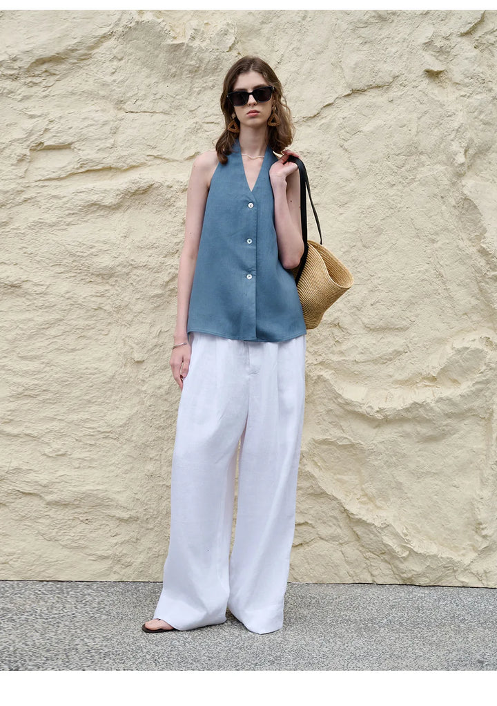 Morgan & Brooke | Natural Halter-Neck Waistcoat Cut Linen Top