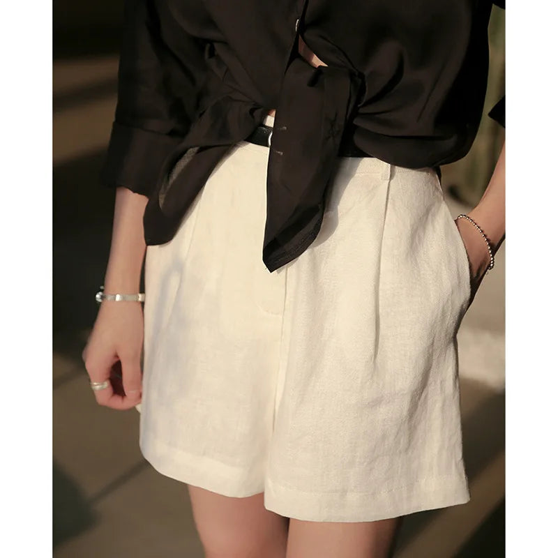 Morgan & Brooke | Stone Tailored High-Waist Linen Shorts