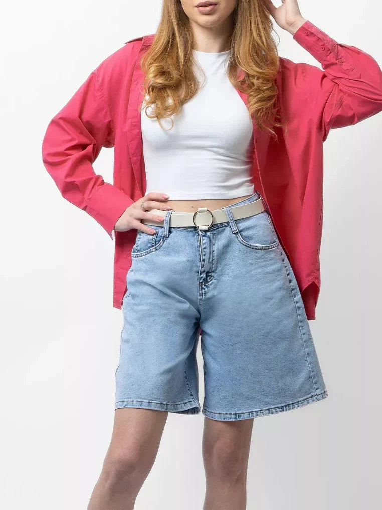 Morgan & Brooke | Blue High-Waist Frayed Hem Cotton Denim Shorts