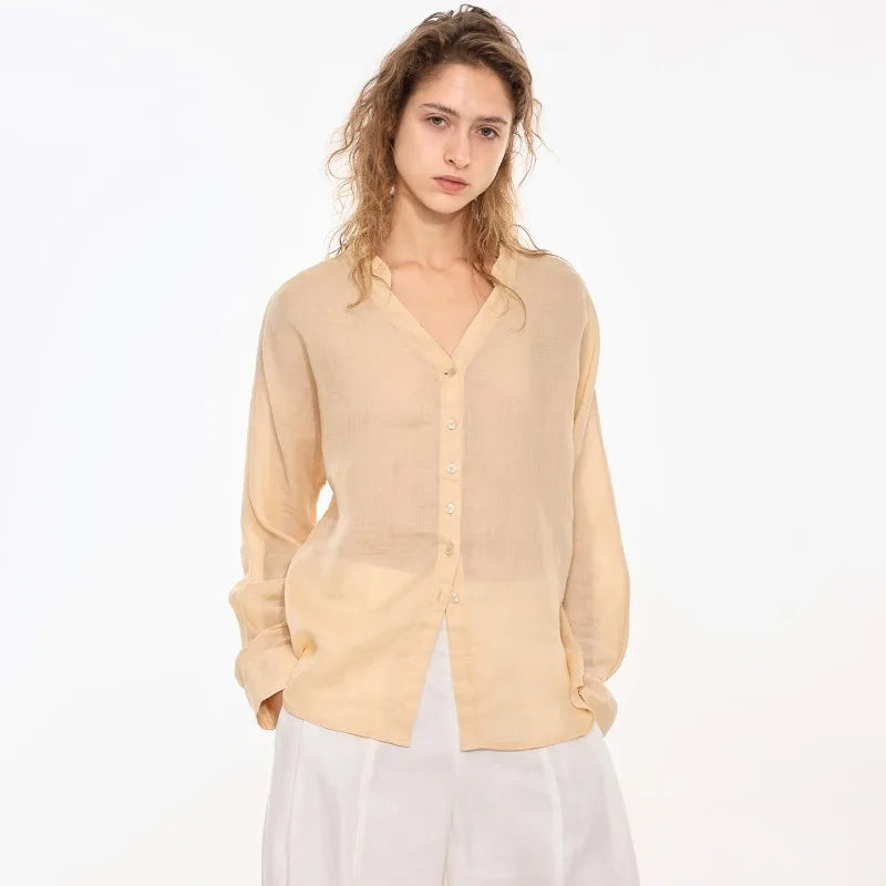 Morgan & Brooke | Natural Collarless V-Neck Linen Shirt