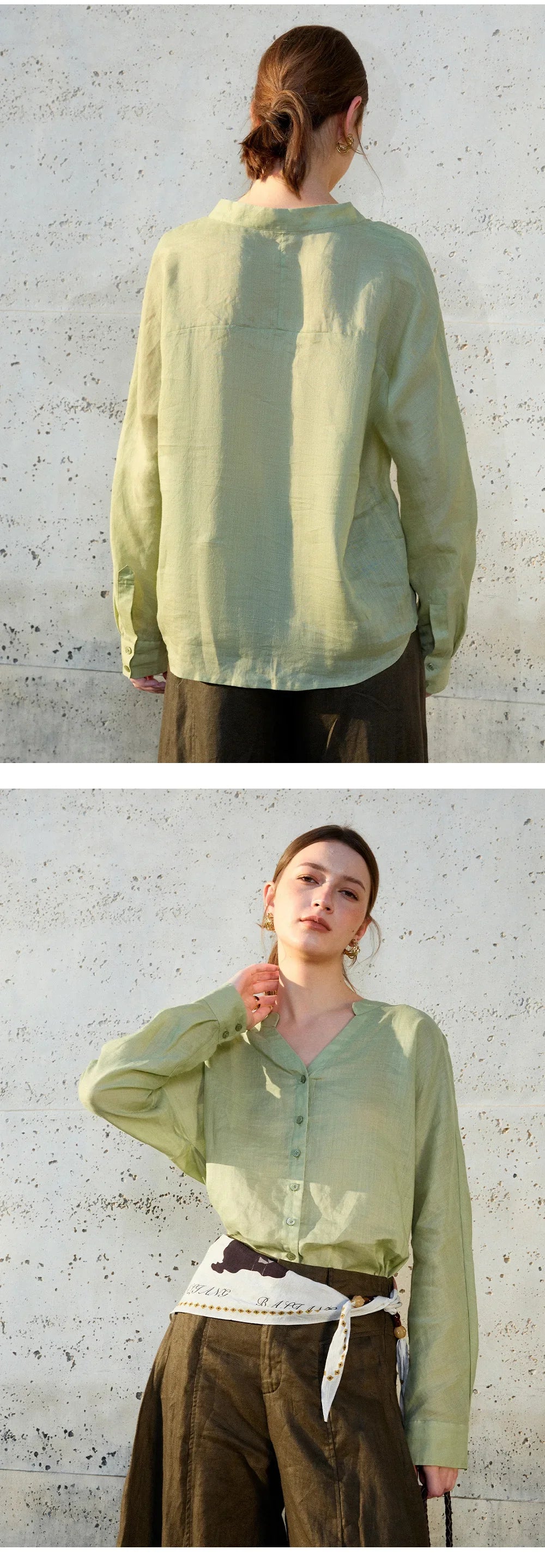 Morgan & Brooke | Natural Collarless V-Neck Linen Shirt