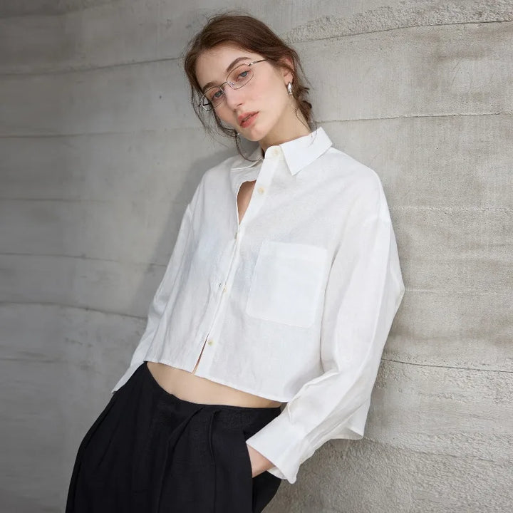 Morgan & Brooke | Cropped Long-Sleeve Linen Shirt